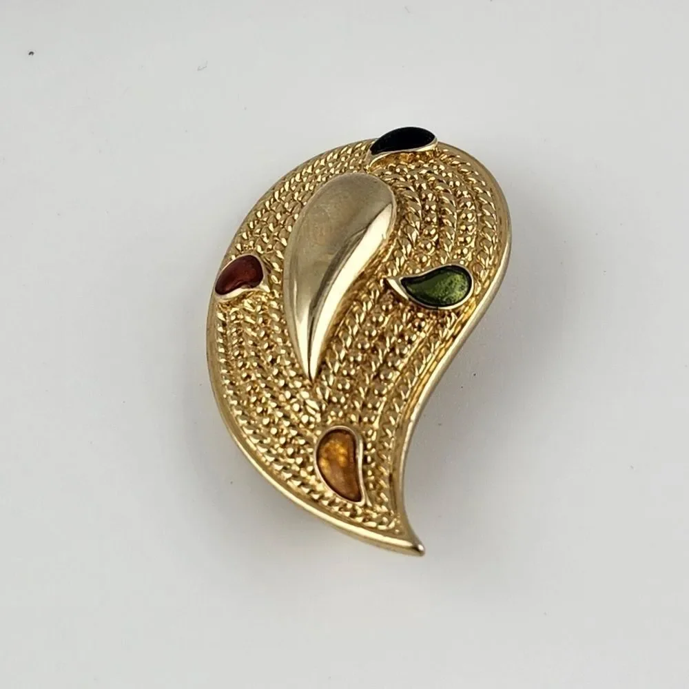 AVON 1980's Gold Tone Paisley‎ Vintage Pin Brooch Multicolor Stone Accents